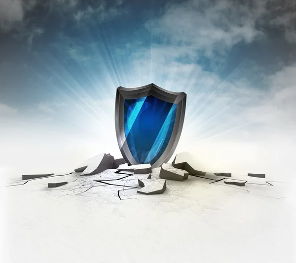 Security shield stuck into ground with flare and sky — Stock Photo, Image