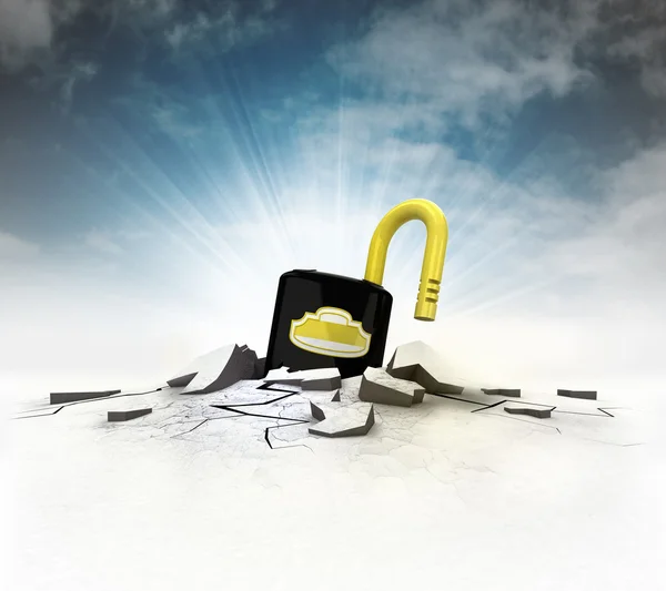 Open padlock stuck into ground with flare and sky — Stock Photo, Image