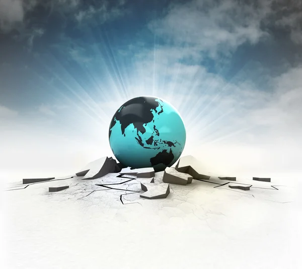 Asian earth globe stuck into ground with flare and sky — Stock Photo, Image