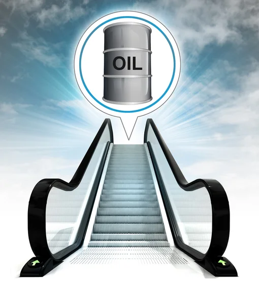 Baryłkę ropy naftowej w bańki powyżej schody ruchome prowadzące do koncepcji niebo — Zdjęcie stockowe