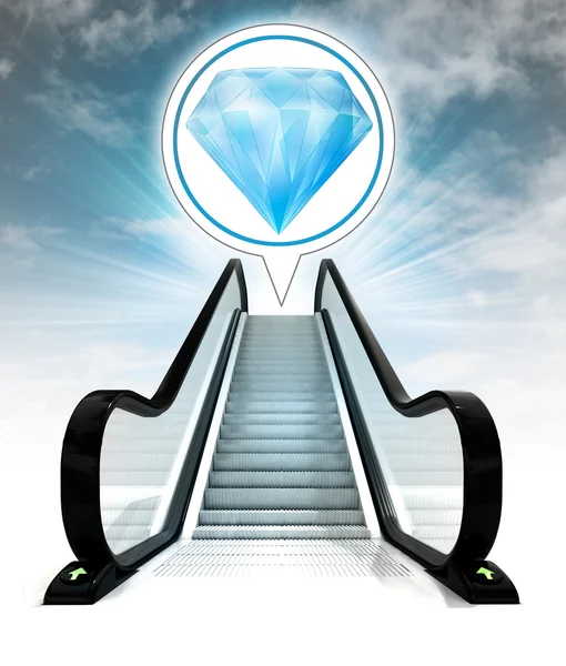 Diamante azul en burbuja por encima de escaleras mecánicas que conducen al concepto del cielo —  Fotos de Stock