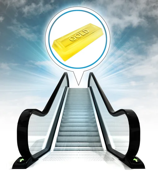 Zlaté ingotu v bublině nad eskalátor vedoucí k obloze koncepce — Stock fotografie