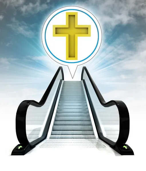 Golden cross in bubble above escalator leading to sky concept — Stock Photo, Image