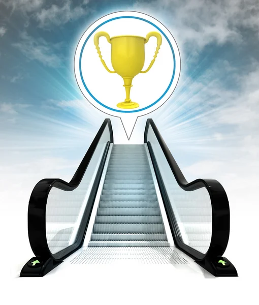 Champion cup in bubble above escalator leading to sky concept — Stock Photo, Image
