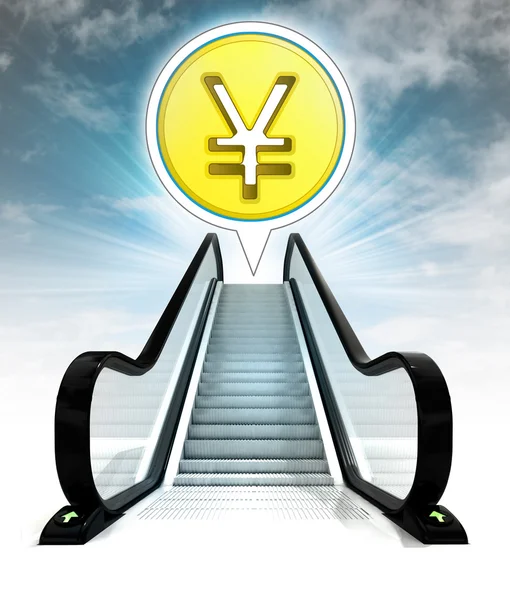 Yuan coin in bubble above escalator leading to sky concept — Stock Photo, Image