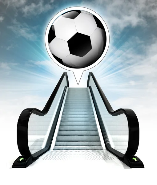 Pelota de fútbol en burbuja por encima de escaleras mecánicas que conducen al concepto del cielo — Foto de Stock