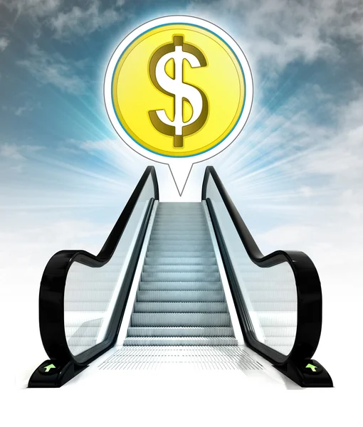 Dollar coin in bubble above escalator leading to sky concept — Stock Photo, Image