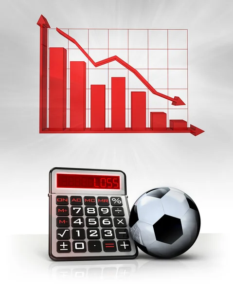 Pallone da calcio con calcoli aziendali negativi e grafico — Foto Stock