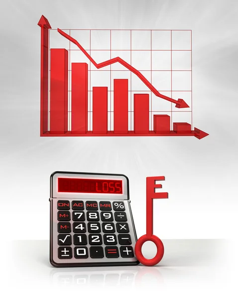 Chiave rossa per rompere calcoli aziendali negativi e grafico — Foto Stock