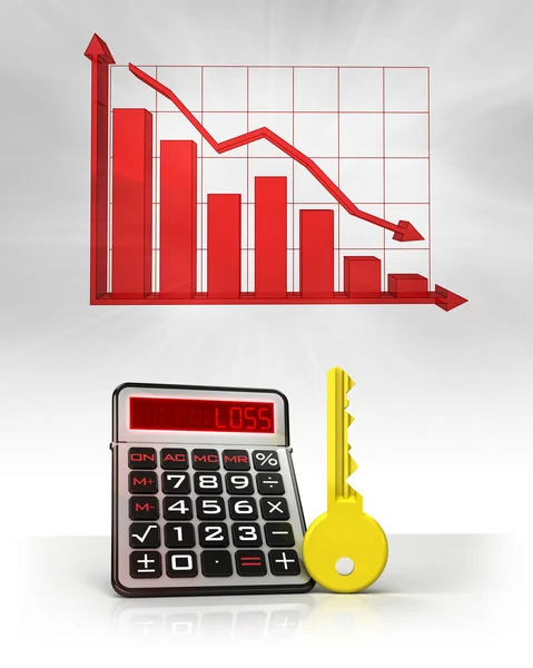 Golden key to break negative business calculations and graph — Stock Photo, Image