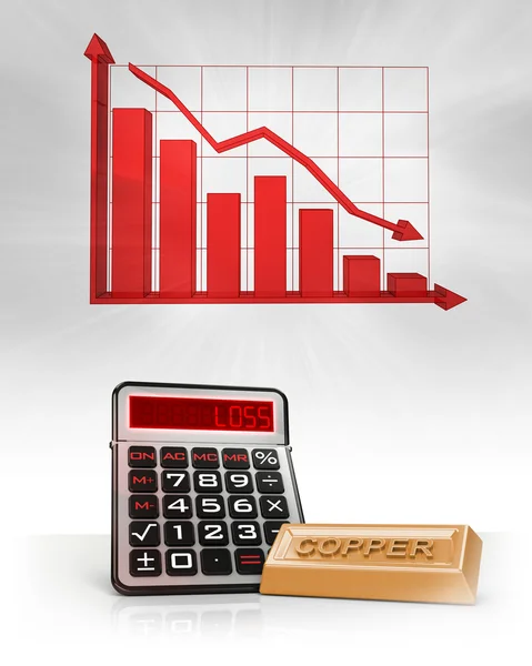 Copper merchandise with negative business calculations and graph — Stock Photo, Image