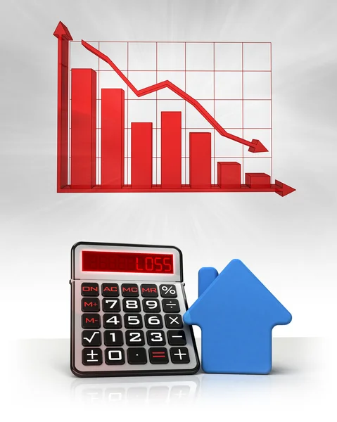 Blå huset med negativa business beräkningar och diagram — Stockfoto