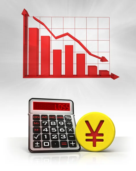 Yuan golden coin with negative business calculations and graph — Stock Photo, Image