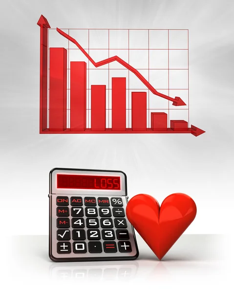 Corazón rojo con cálculos de negocio negativos y gráfico —  Fotos de Stock