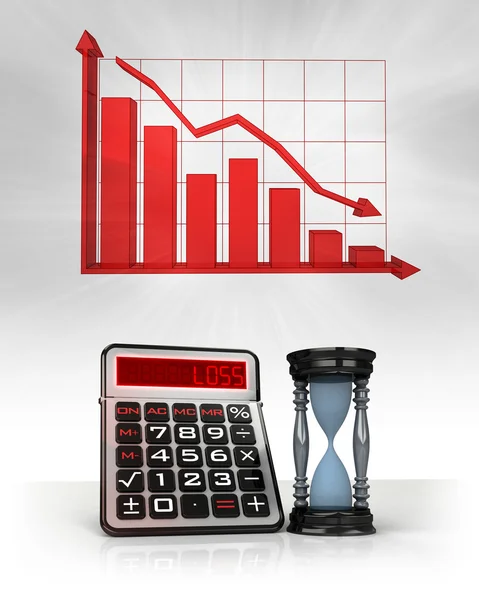 Clessidra con calcoli economici negativi e grafico — Foto Stock