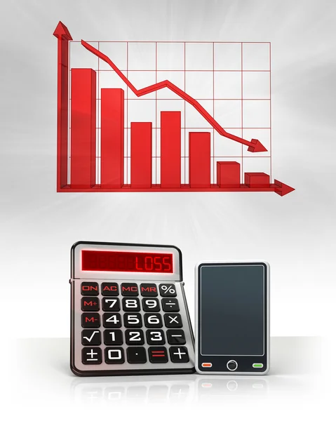 New smart phone with negative business calculations and graph — Stock Photo, Image