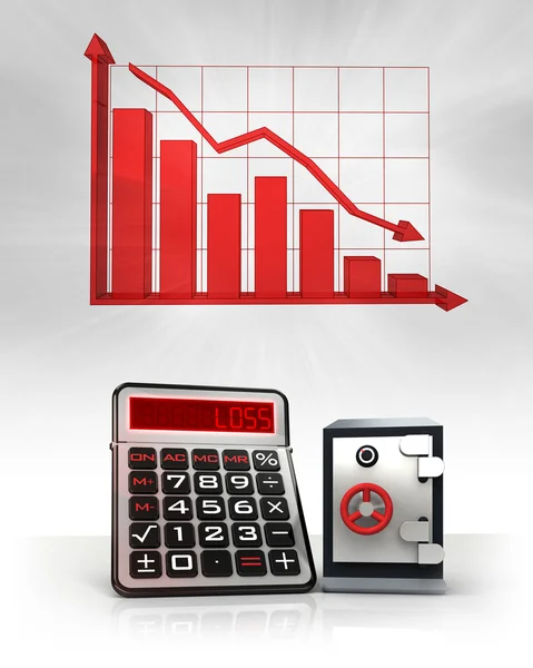 Сейф с отрицательными бизнес-расчетами и графиком — стоковое фото