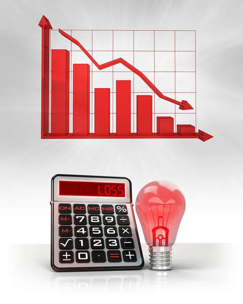 Rote Glühbirne mit negativen Geschäftsberechnungen und Grafik — Stockfoto