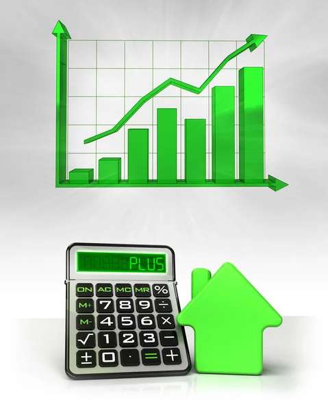 Зеленый дом с положительными бизнес-расчетами с графиком — стоковое фото