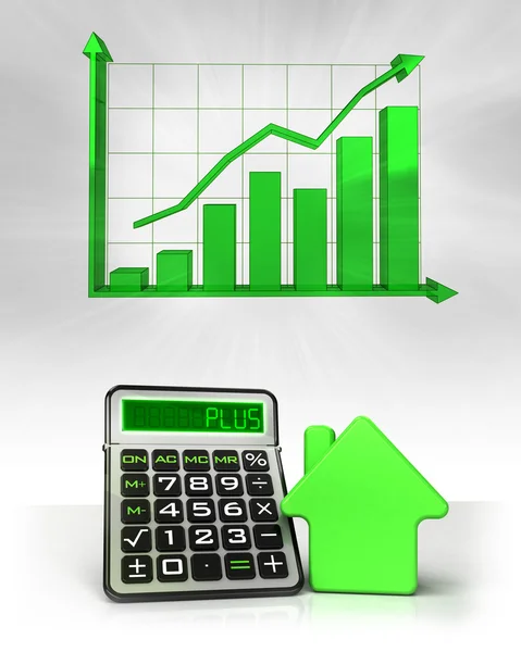 그래프와 함께 긍정적인 사업 계산을 가진 녹색 집 — 스톡 사진