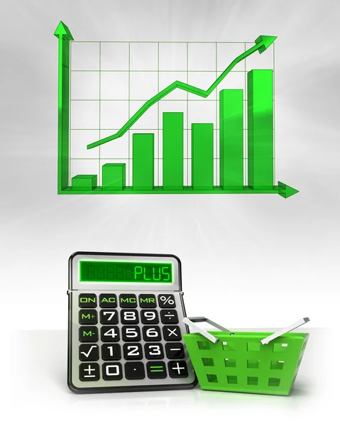 Зеленая корзина с положительными бизнес-расчетами с графиком — стоковое фото