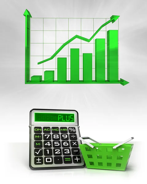 Cesta verde con cálculos de negocio positivos con gráfico —  Fotos de Stock