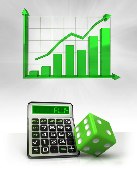 Grüne Würfel mit positiven Geschäftsberechnungen mit Diagramm — Stockfoto