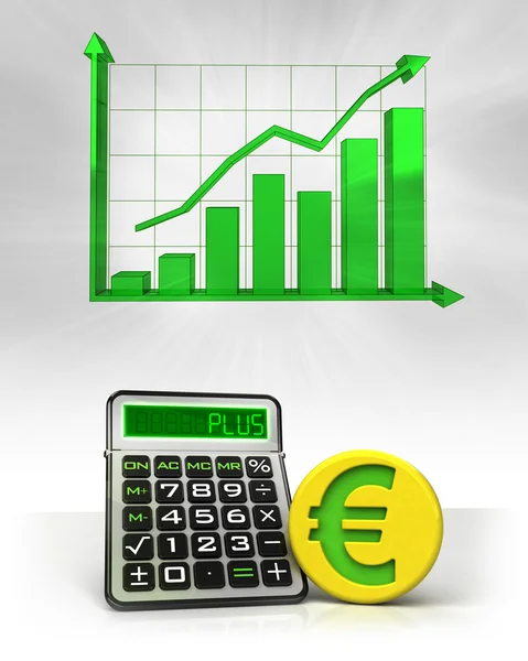 Moneda de oro en euros con cálculos de negocio positivos con gráfico — Foto de Stock