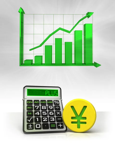 Moeda de ouro Yuan com cálculos de negócios positivos com gráfico — Fotografia de Stock