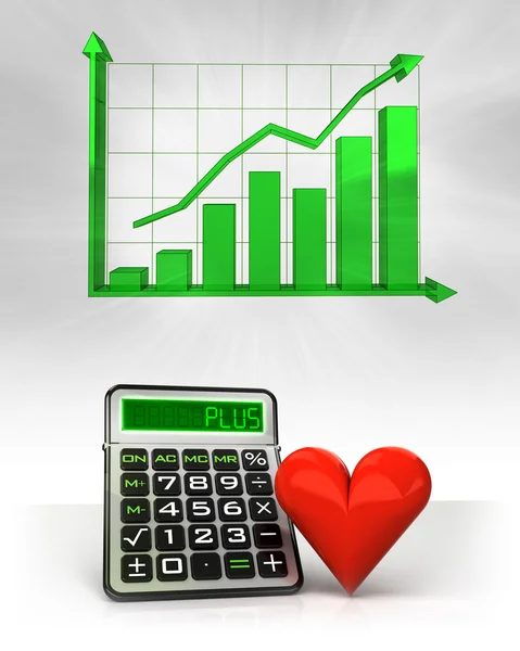 Corazón rojo con cálculos de negocio positivos con gráfico —  Fotos de Stock