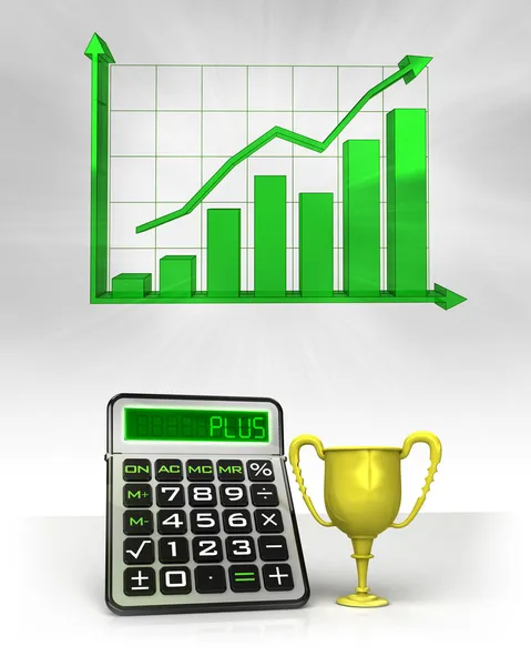 Golden trophy with positive business calculations with graph — Stock Photo, Image