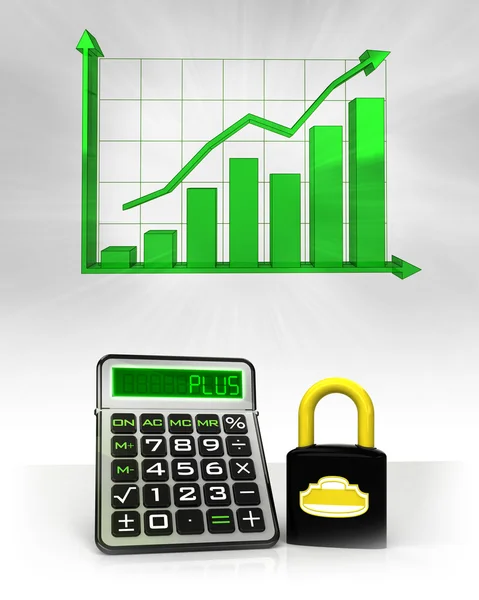 Candado cerrado con cálculos de negocio positivos con gráfico — Foto de Stock