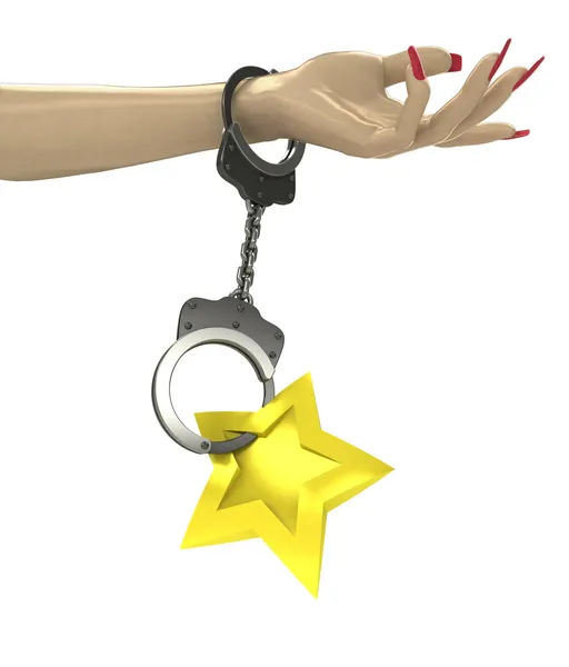 Golden star bifogas mänsklig hand med kedja — Stockfoto