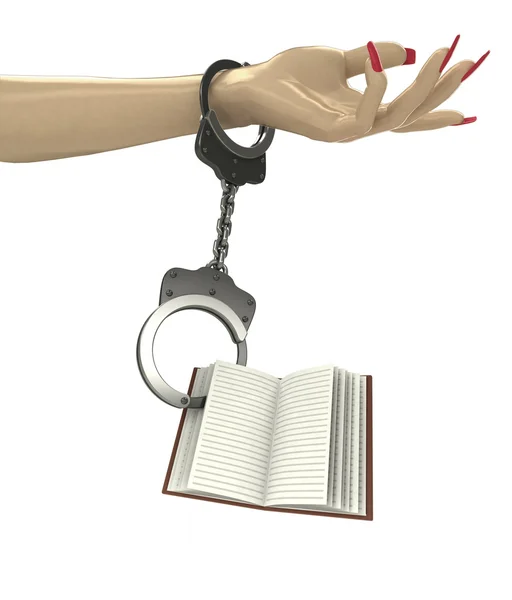 Open book attached with chain to human hand — Stock Photo, Image