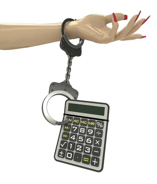 Business calculator attached with chain to human hand — Stock Photo, Image