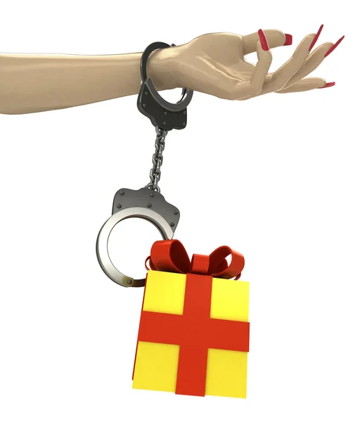 Geschenkverpakking met keten aangesloten op menselijke hand — Stockfoto