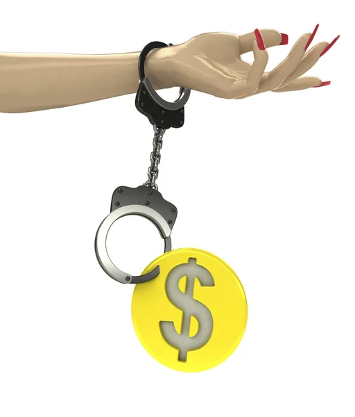 Golden Dollar coin attached with chain to human hand — Stock Photo, Image