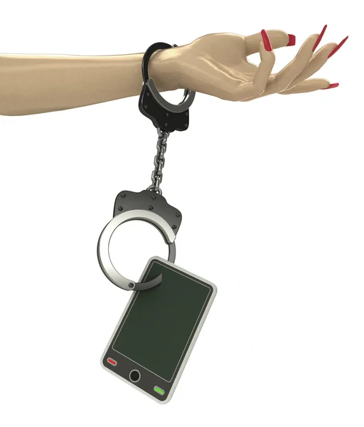 New smart phone attached with chain to human hand — Stock Photo, Image