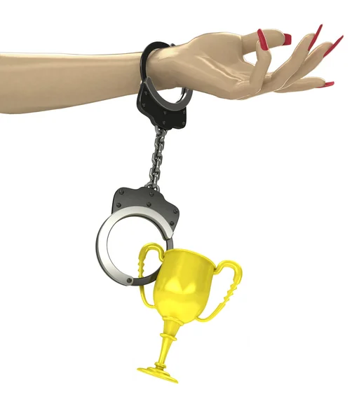 Champion cup attached with chain to human hand — Stock Photo, Image