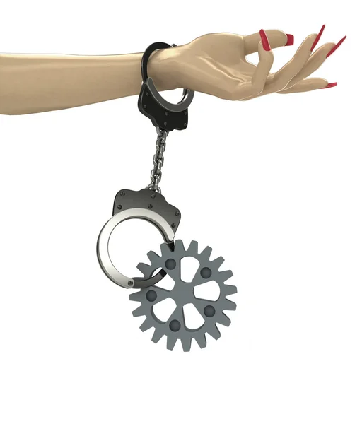 Industrial cogwheel attached with chain to human hand — Stock Photo, Image