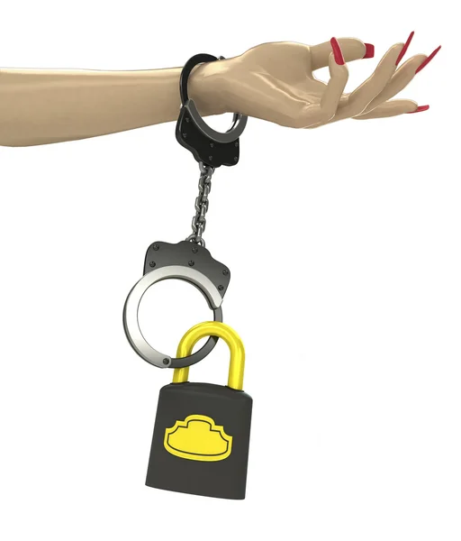 Security padlock attached with chain to human hand — Stock Photo, Image