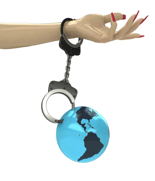 Amerika earth globe gekoppeld met ketting aan menselijke hand — Stockfoto