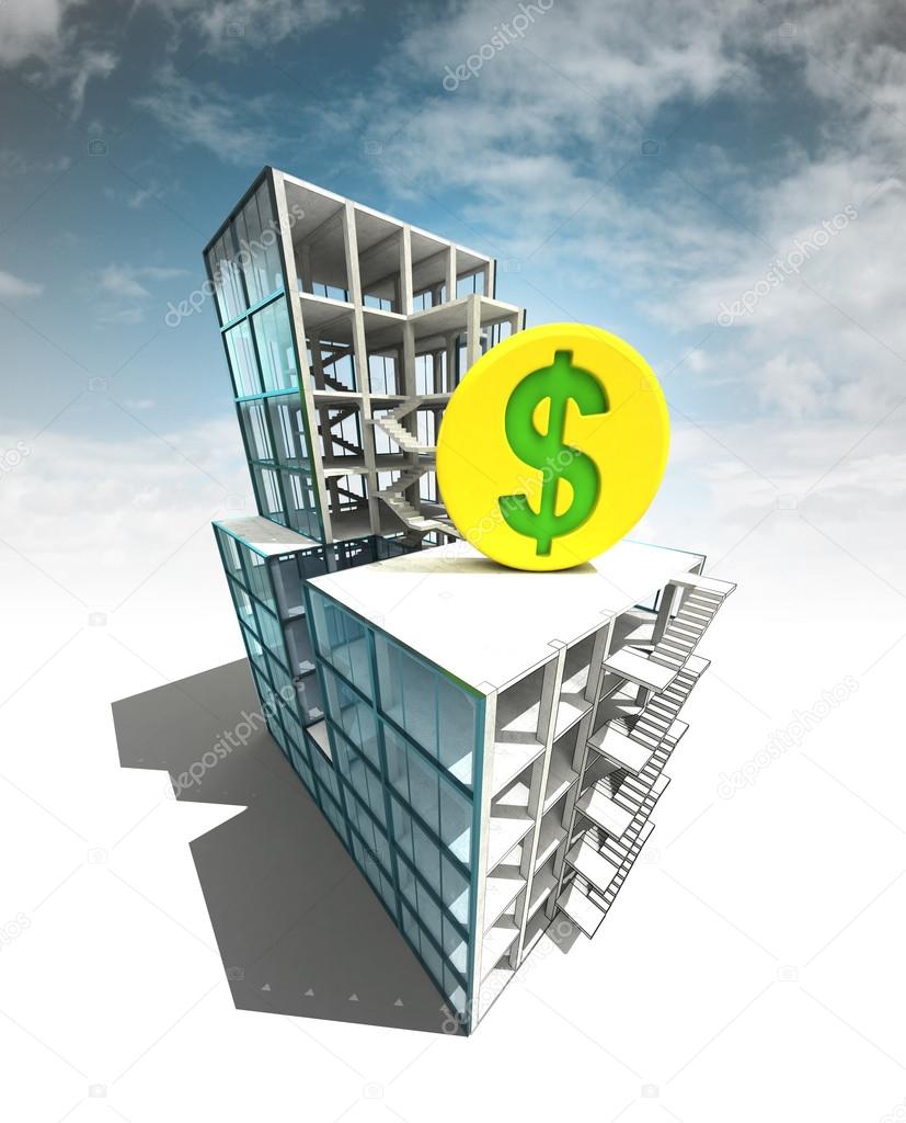 Dollar earnings concept of architectural building plan with sky