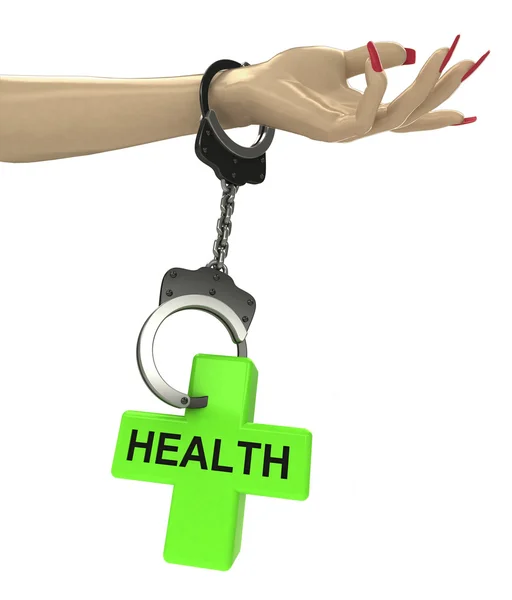 Health cross attached with chain to human hand — Stock Photo, Image