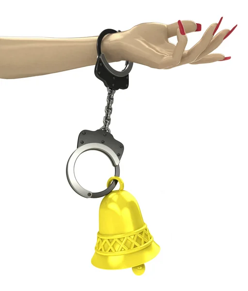 Golden bell attached with chain to human hand — Stock Photo, Image