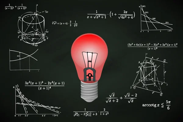 Lâmpada vermelha no quadro negro com cálculos matemáticos vetor — Vetor de Stock