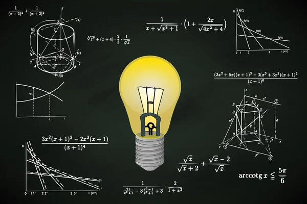 Gul glödlampa på tavlan med matematiska beräkningar vektor — Stock vektor