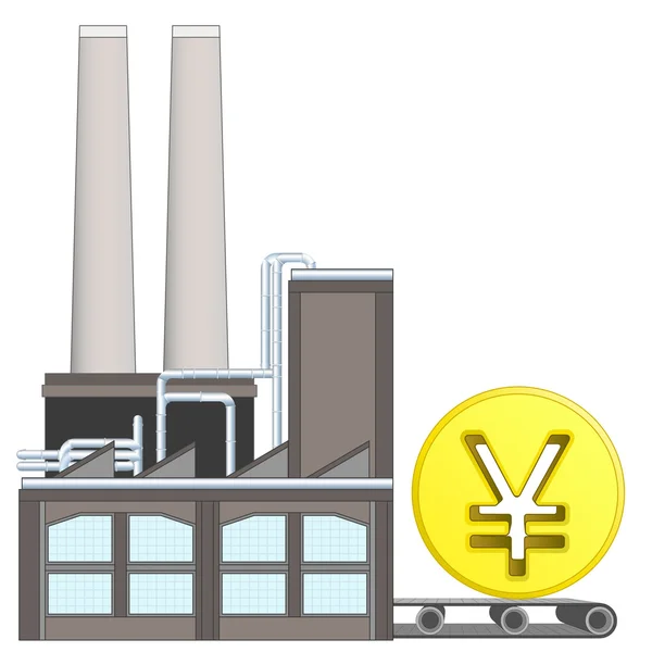 Yuan coin on factory transport belt — Stock Vector