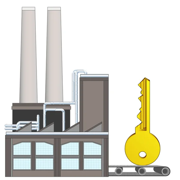 Clé dorée sur la ceinture de transport usine — Image vectorielle