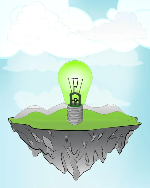 Green lightbulb on flying island — Stock Vector